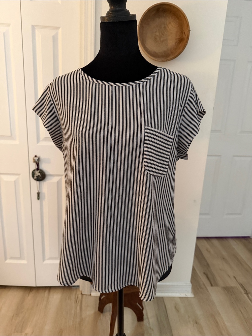 meraki Black & White Vertical Stripe Pocket Tee